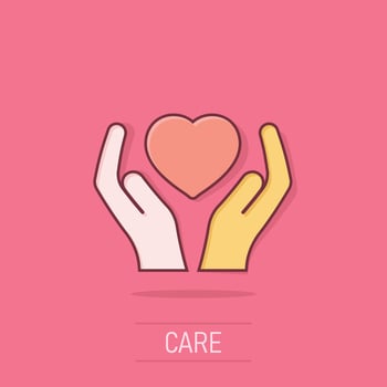 Heart care icon in comic style. Charity vector cartoon illustration on isolated background. Love in hand business concept splash effect.
