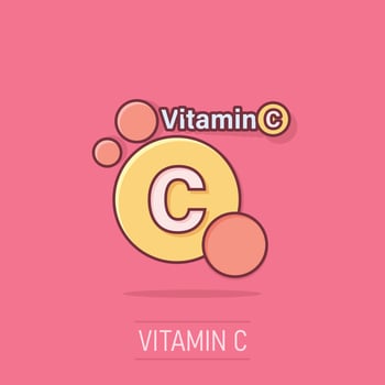 Vitamin C icon in comic style. Pill capsule cartoon vector illustration on isolated background. Drug splash effect business concept.