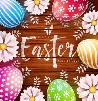 Vector Illustration of Happy Easter Holiday with Colorful Painted Egg and Spring Flower on Vintage Wood Background. Easter Day Celebration Design with Typography Letter for Flyer, Greeting Card