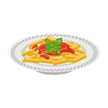 A plate of pasta. Pasta with tomato sauce and herbs. Italian Cuisine. Food illustration, vector