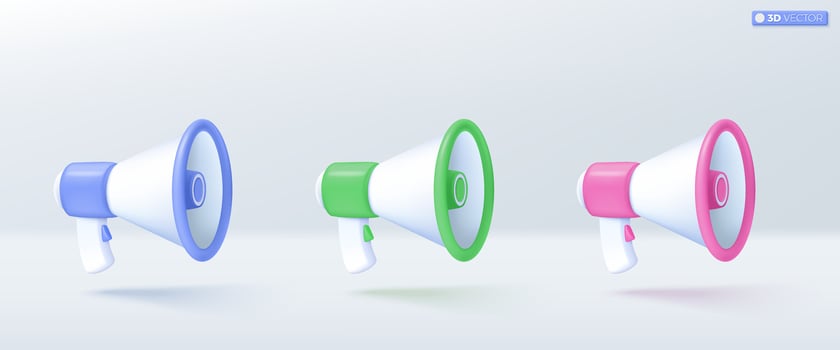 3d megaphone speaker set of multicolored icon symbol. loudspeaker bullhorn for announce discount promotion, sell reduced prices concept. 3D vector isolated illustration, Cartoon pastel Minimal style.