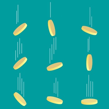 Falling golden coins, money cash fast fall down, banking gold currency, wealth coin collection icon drop, dropping cent of set. Vector jackpot falling, fortune and luc illustration