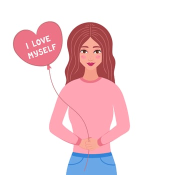 I love myself, girl with balloon. Illustration for printing, backgrounds, covers and packaging. Image can be used for greeting cards, posters and stickers. Isolated on white background. vector