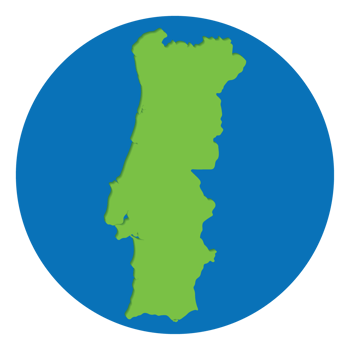 Portugal map. Map of Portugal in green color in globe design with blue circle color. png
