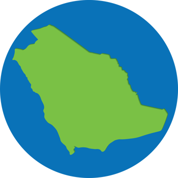 Saudi Arabia map. Map of Saudi Arabia in green color in globe design with blue circle color. png