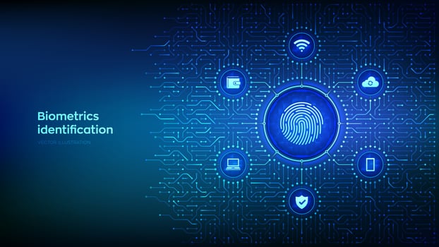 Fingerprint scanning. Biometrics identification. Personal Data protection. Cyber Security. Private secure safety. Background with circuit board connections and tech icons. Vector Illustration.