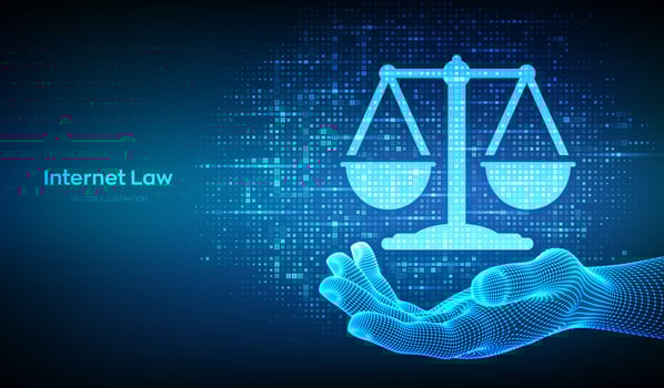 Internet law icon made with binary code in hand. Cyberlaw as digital legal services or online lawyer advice concept. Labor law, Lawyer, Attorney at law. Streaming digital code. Vector illustration.