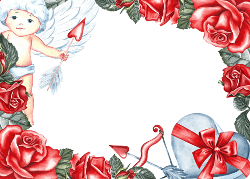 A frame with red roses, cupids and a heart-shaped gift box. Hand-drawn watercolor illustration. A greeting card for lovers, for Valentine's Day and wedding. Also suitable for packaging, poster, flyer png