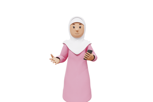 3d woman muslim smiled while holding her cellphone and opening her hands png
