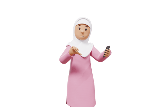 3d woman muslim holding cellphone and lowering her thumb towards the camera png
