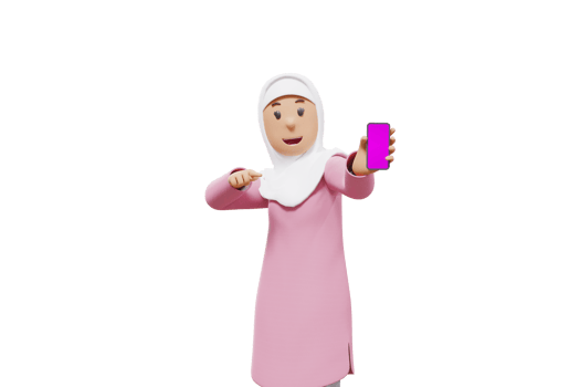 3d woman muslim points to her cellphone while showing her cellphone to the camera png