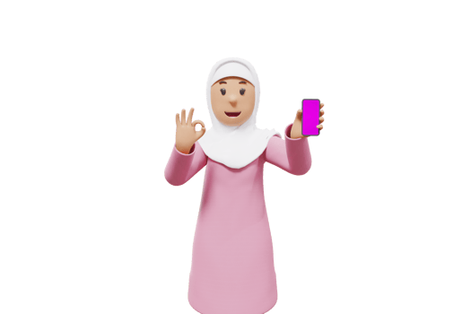 3d woman muslim makes an OK and happy gesture while showing her cell phone to the camera png