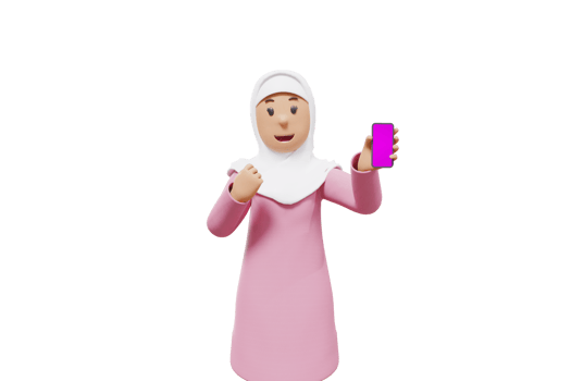 3d The woman clenched her fists and was happy while showing her cellphone to the camera png
