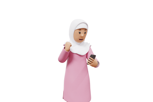 3d woman muslim holding phone and clenched his fists while making an expression of happiness at getting something on his cellphone png