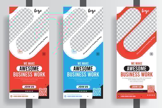 Business work Roll Up Template. Vertical Roll Up, X-Stand, Exhibition Display, Retractable Banner Stand Or Flag Design Layout For Conference. Rollup Banner For House Repair Or Construction Agency vector