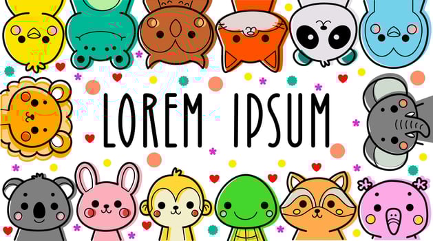 Colorful cute animals cartoon banner design, cartoonish style and surrounded by a scattering of hearts and flowers, vector illustration.