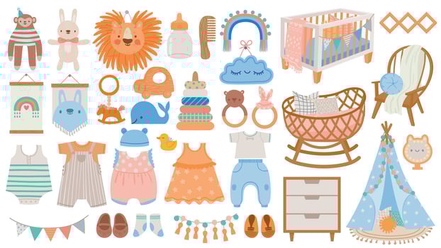 Baby furniture and clothes. Nursery elements, animal toys, decor, cradles, rattles and newborn accessories in scandinavian style vector set