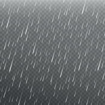 Rain effect. Realistic water drops falling from sky. Heavy rain weather, storm, shower, rainfall, monsoon season. 3d rainy vector background