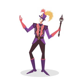 An exquisite participant in the Venetian carnival. King in a purple masquerade costume with a baton in his hand. Venetian carnival. Flat vector illustration.