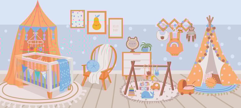 Nursery interior. Baby room with crib bed, armchair, carpet, toy and wigwam. Cartoon kids bedroom with furniture and decoration vector scene