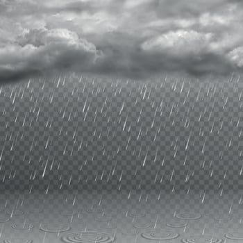 Realistic rain cloud. Dark stormy sky, falling water drops, clouds and ripples in puddles. Rainy weather effect isolated vector background