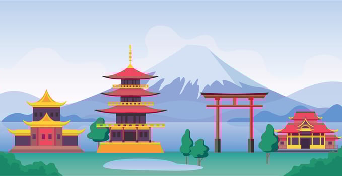 Japan landscape with mountain Fuji, landmarks, temples and old building. Japanese tourism travel scenery with pagoda and gates vector scene
