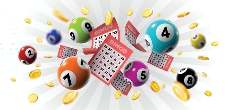Bingo winner background with lottery tickets, balls and gold coins. Realistic keno gambling game win poster with cards burs vector concept