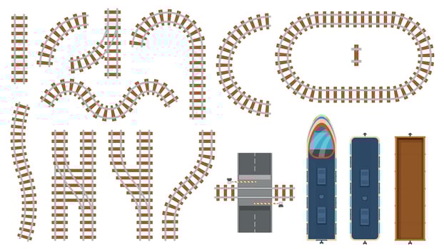 Flat railway and railroad elements top view. Train track map construction, barrier, curved rail roads, locomotive and cargo wagon vector set