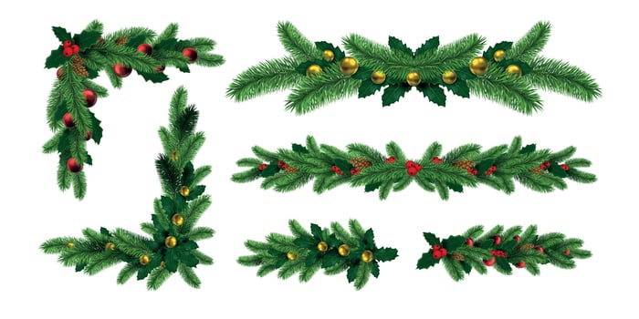 Realistic christmas tree garlands borders and frame corners. Winter holiday decoration with fir branch, holly leaf and pine cones vector set
