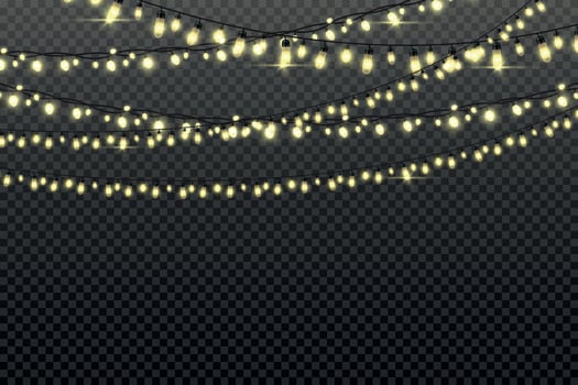 Christmas light garlands with bulbs on string for party background. Xmas holiday decor, glowing shiny fairy lights. Vector festive garland