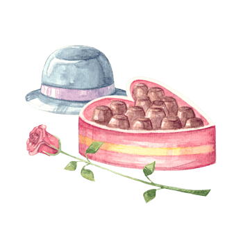 Chocolate candies in heart shaped box with red rose and mens hat. Valentines day, love, passion, dating and romance concept. Hand drawn illustration isolated on transparent background for design. png