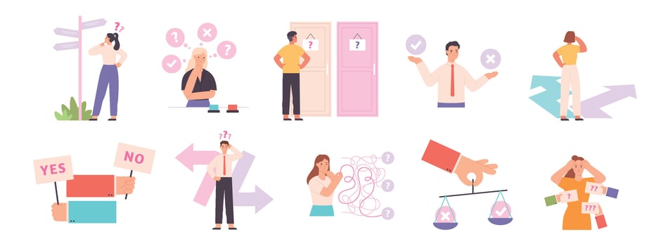 Thinking people choose path or option, make decision concept. Confusion person choosing button, pathway or door. Business dilemma vector set