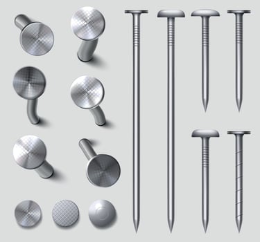 Realistic 3d straight and bent metal nails in wall. Hammered steel and iron curved nail pins and heads top view. Metallic hardware vector set