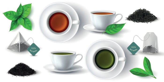 Realistic 3d cup with green and black tea, leaves and pyramid teabag. Cups with hot drink side and top view. Dry herbal tea piles vector set