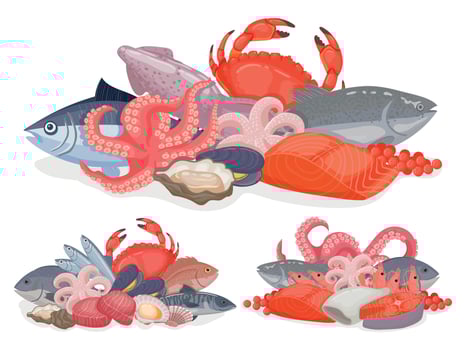 Cartoon seafood products design for menu, shop poster or package. Pile with ocean fish, lobster, oysters and crab. Marine food vector set