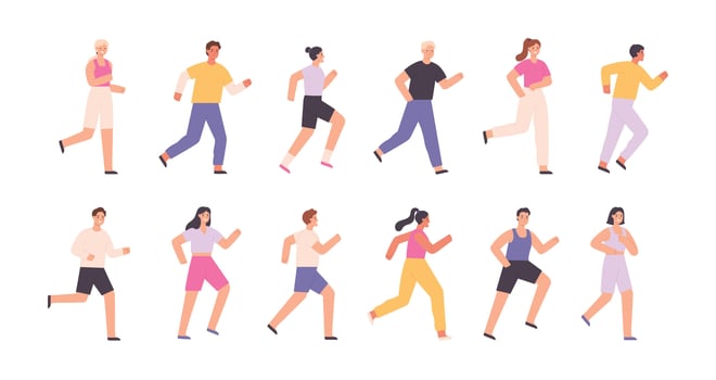 Cartoon athlete characters jogging, running marathon or race. Runners on sport event. Healthy lifestyle activity. People exercise vector set
