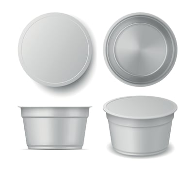 Realistic yogurt or ice cream container cup mockup views. Blank plastic dairy packaging top, front and perspective. Yoghurt pack vector set