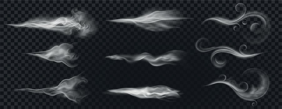 Realistic wind blow swirls, smoke air or hot steam. Curved flow waves, mist, aroma or perfume clouds effect. White blowing stream vector set