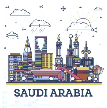 Outline Saudi Arabia City Skyline with colored Historic and Modern Buildings Isolated on White. Saudi Arabia Cityscape with Landmarks. vector