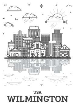 Outline Wilmington Delaware USA City Skyline with Historic Buildings and reflections Isolated on White. Wilmington Cityscape with Landmarks. vector