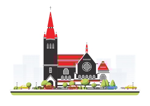 Old cathedral building in flat style with trees and cars. City scene isolated on white background. Urban architecture. Medieval church. vector