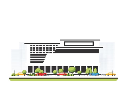 City district with modern building in flat style with trees and cars. City scene isolated on white background. Urban architecture. vector