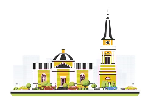 Old church building in flat style with trees and cars. City scene isolated on white background. Urban architecture. Orthodox church. vector