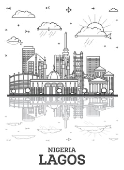 Outline Lagos Nigeria City Skyline with Modern Buildings and reflections Isolated on White. Lagos Cityscape with Landmarks. vector