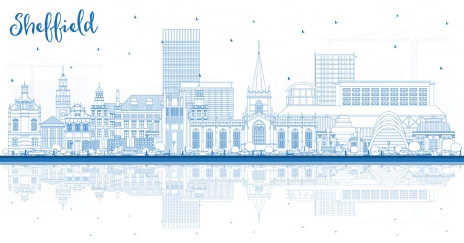 Outline Sheffield UK City Skyline with Blue Buildings and reflections. Sheffield South Yorkshire Cityscape with Landmarks. Travel and Tourism Concept with Historic Architecture. vector