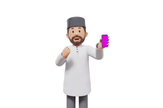 3d man holding a cellphone while interacting, expressing and smiling at the camera with a transparent background png