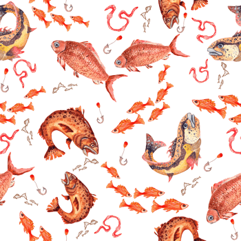 Seamless pattern. Fishing, fish and fishing gear. All elements are painted with watercolors. png
