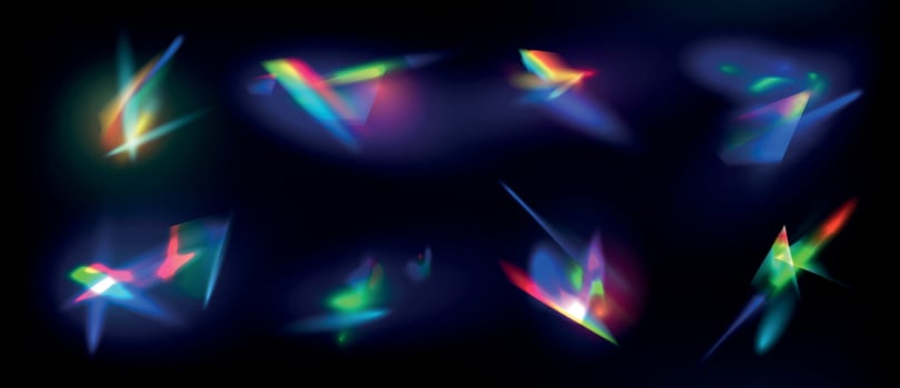Realistic diamond reflection, rainbow light optical effect. Crystal, jewelry, prism or lens flare. Iridescent glowing sparkles vector set
