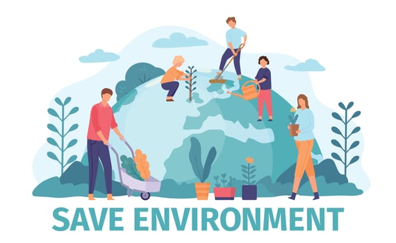 Flat people gardening and save environment ecology on earth globe. Volunteers community protect world nature, planting trees vector concept