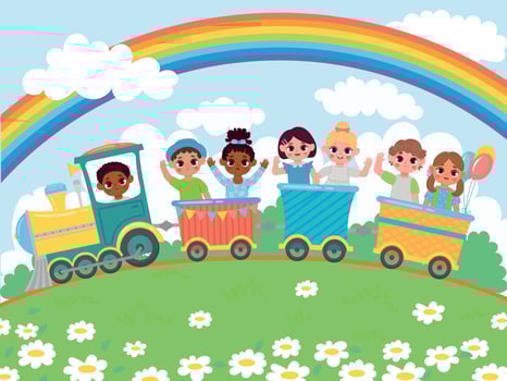 Cartoon kindergarten happy kids ride on toy train. Happy children sitting in carriages under rainbow in sky vector